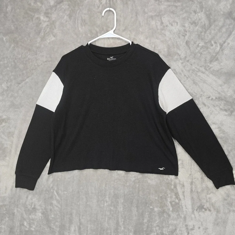 Hollister Womens Black‎ Waffle Knit Boyfriend Tee Long Sleeve Color Block Small